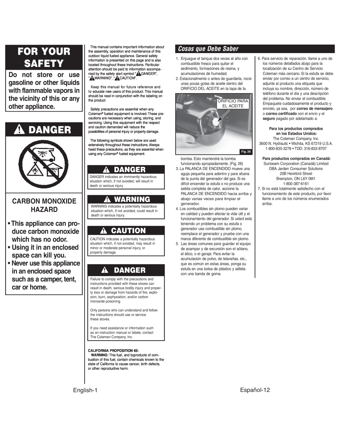 Coleman 4010003804 For Your Safety, Danger, Carbon Monoxide Hazard, Cosas que Debe Saber, English-1, Español-12 