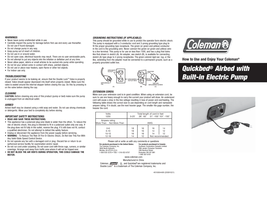 Coleman 4010004489 important safety instructions Troubleshooting, Cleaning Airbed, Important Safety Instructions 