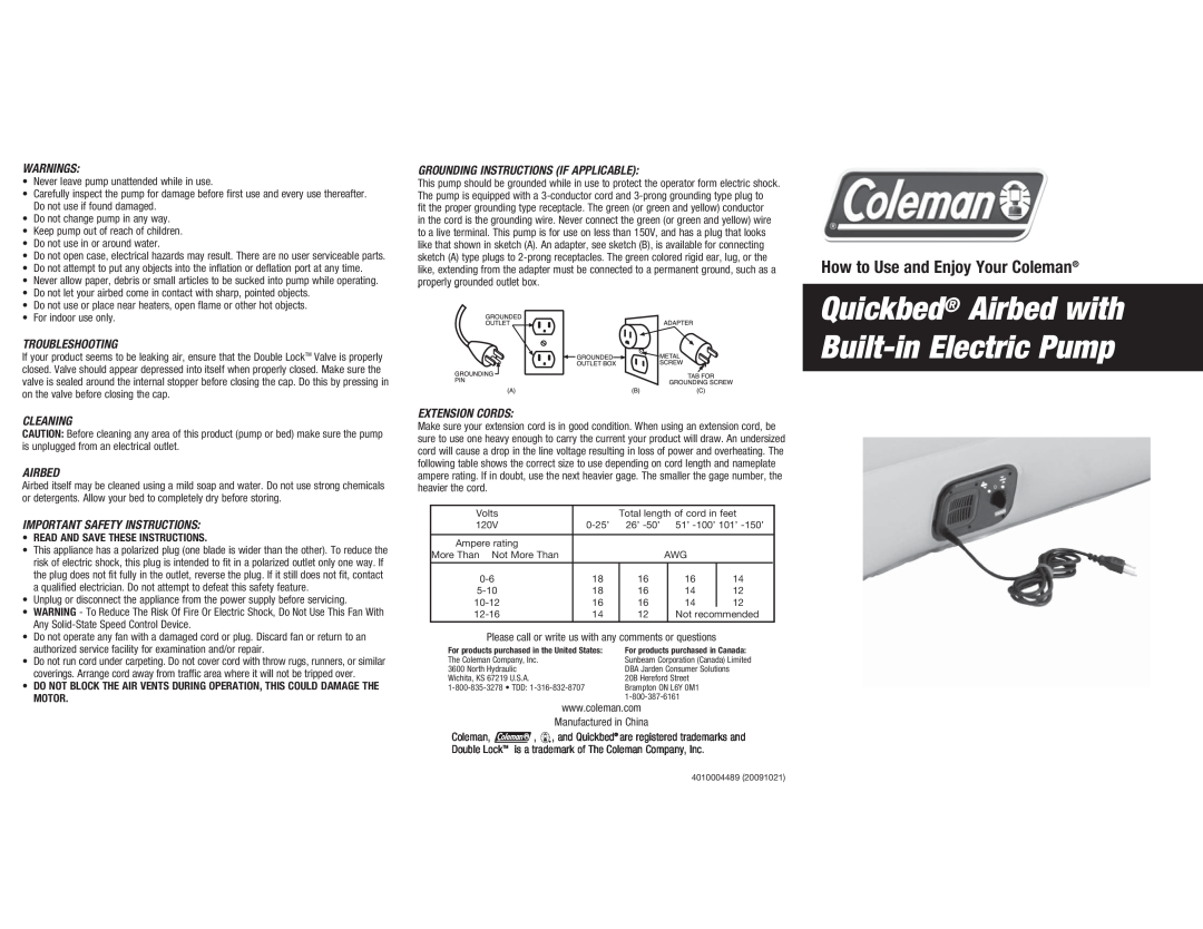 Coleman 4010004489 important safety instructions Quickbed Airbed with Built-in Electric Pump, Warnings, Troubleshooting 