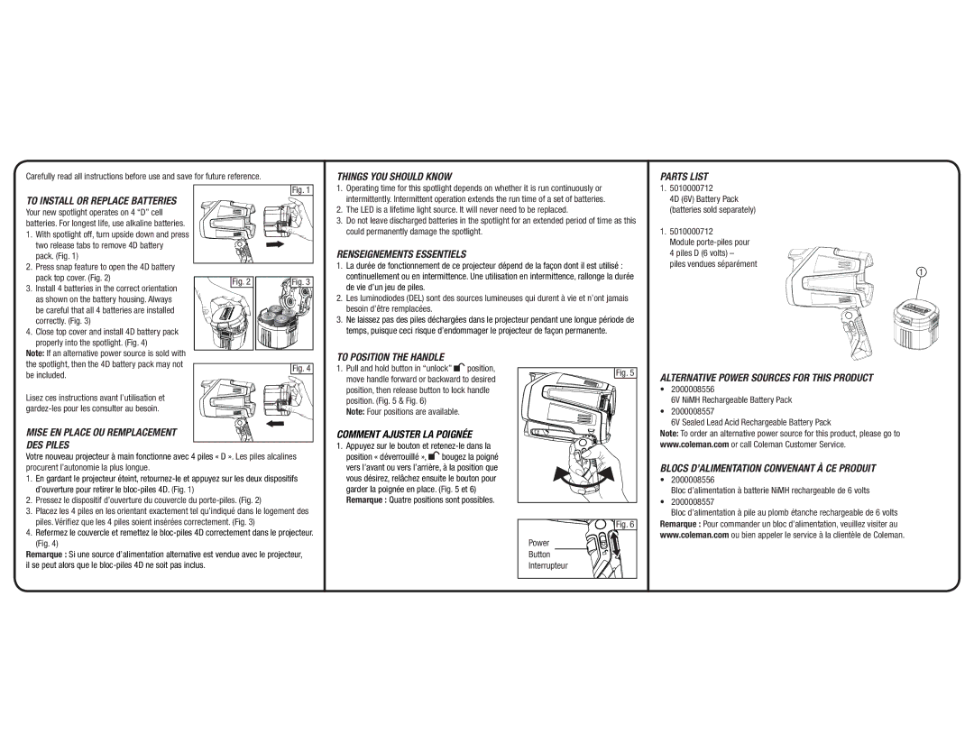 Coleman 4010011210 warranty Things YOU should Know Parts List, Renseignements Essentiels 