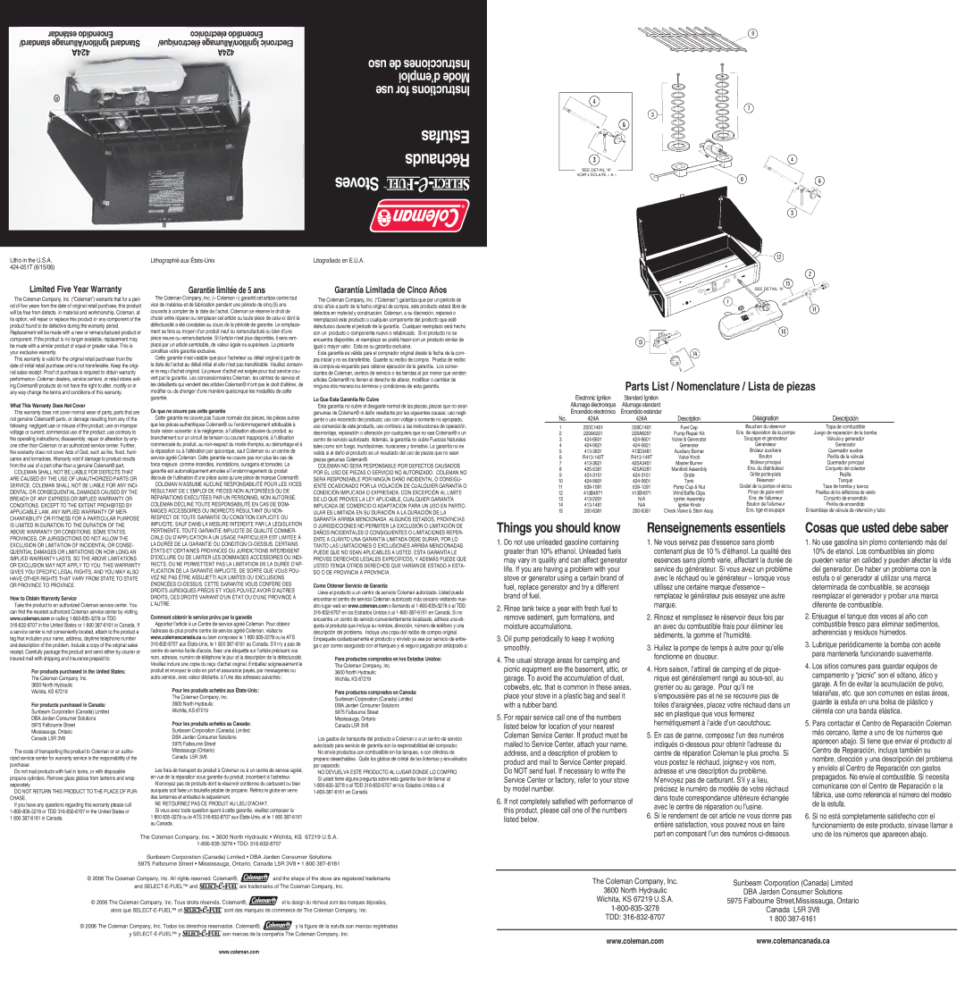 Coleman 424-051T warranty Oil pump periodically to keep it working smoothly, Marque, Sédiments, la gomme et l’humidité 