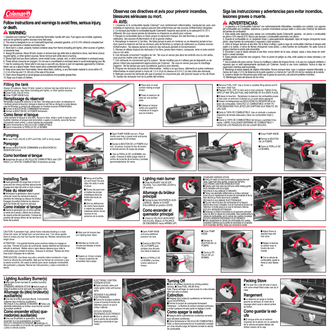 Coleman 424-051T Filling the tank, Remplissage du réservoir, Como llenar el tanque, Pumping, Pompage, Installing Tank 