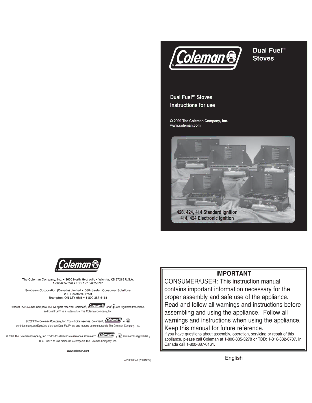 Coleman 428, 424 ELECTRONIC IGNITION, 414 ELECTRONIC IGNITION instruction manual Dual Fuel Stoves 