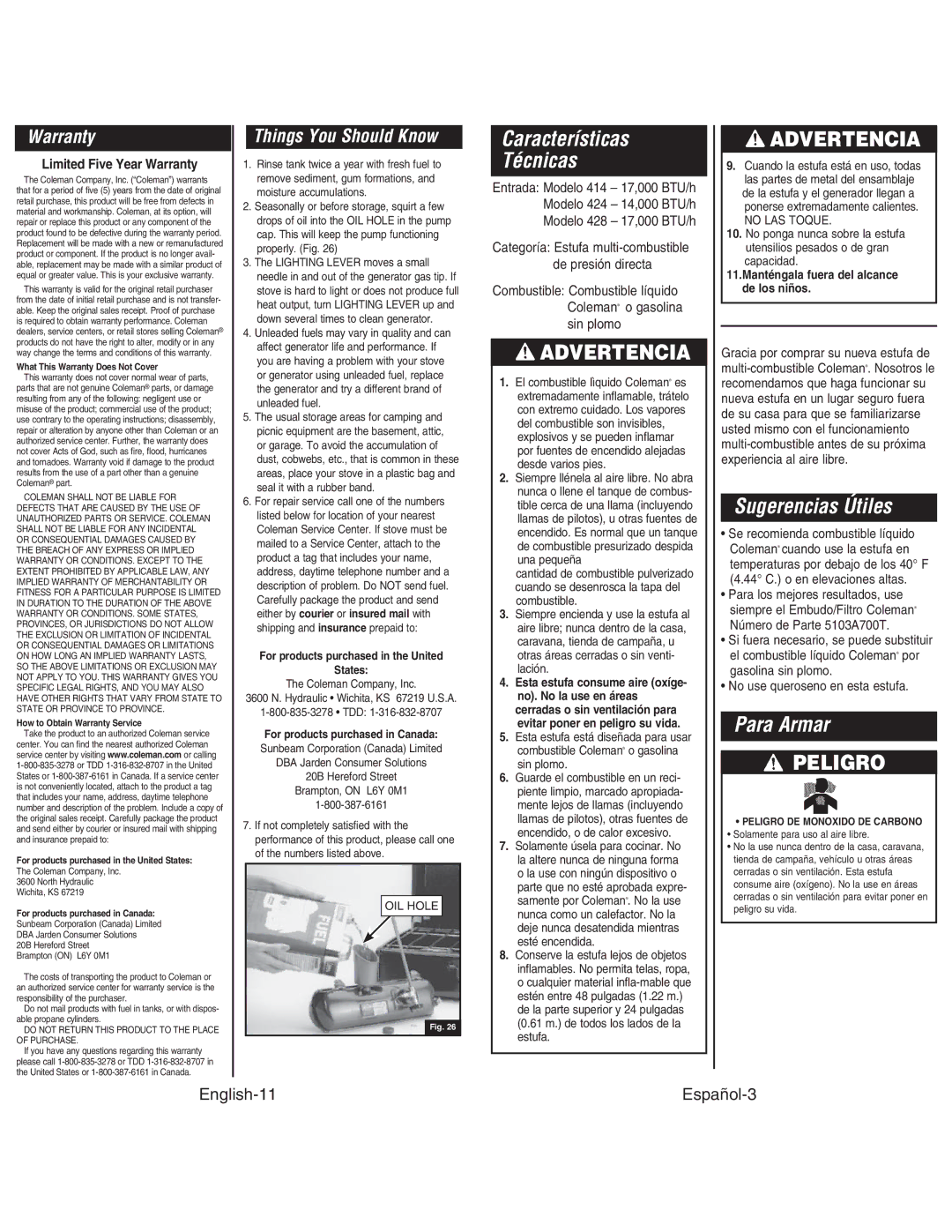 Coleman 414, 424 ELECTRONIC IGNITION, 428 Características Técnicas, Sugerencias Útiles, Para Armar, Peligro 