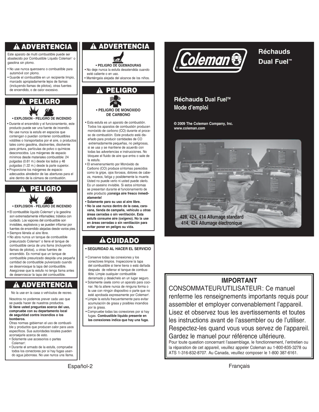 Coleman 414 ELECTRONIC IGNITION, 424 ELECTRONIC IGNITION, 428 Cuidado, Explosion Peligro DE Incendio, Peligro DE Quemaduras 