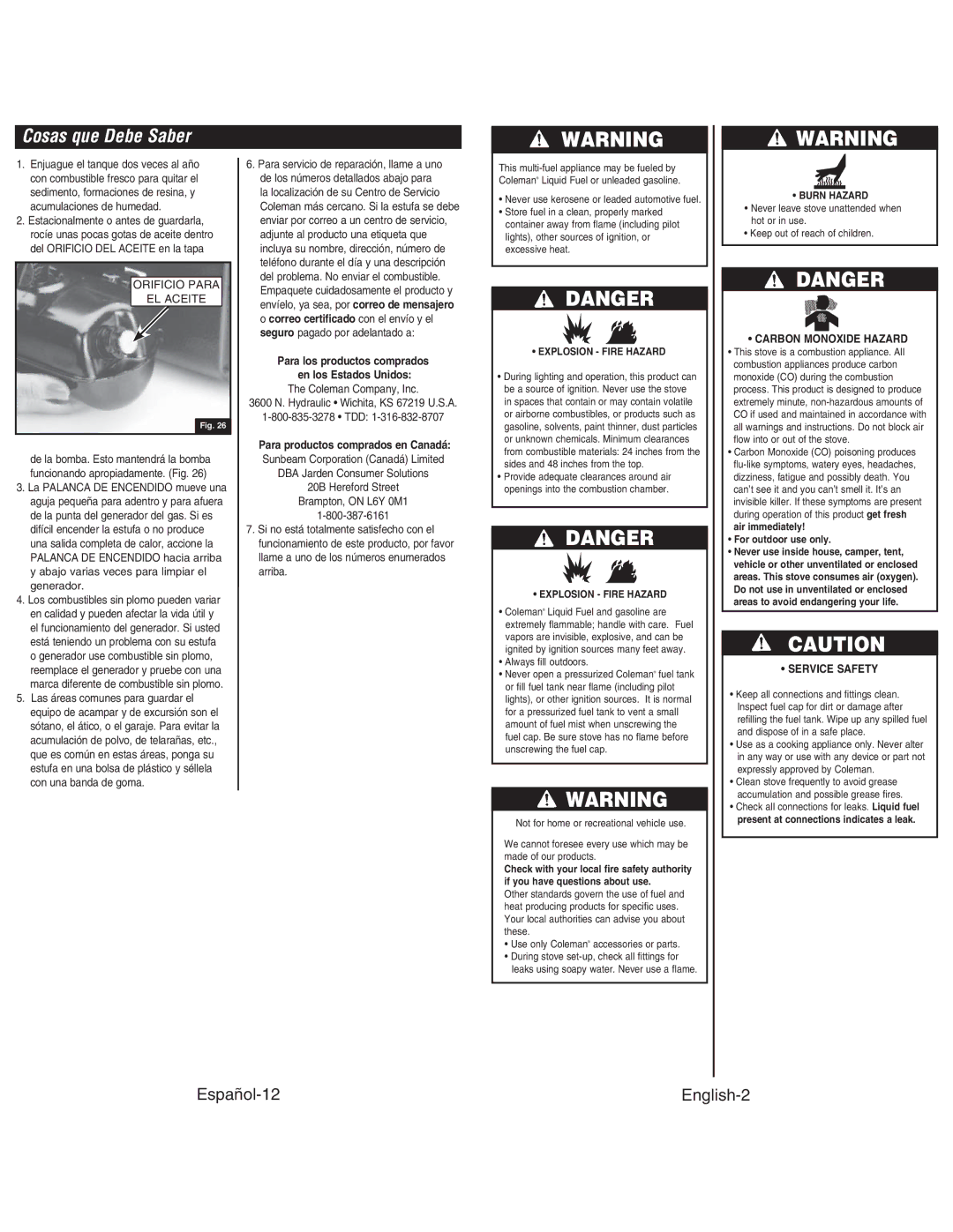 Coleman 414 ELECTRONIC IGNITION, 428 Cosas que Debe Saber, Coleman Company, Inc, Tdd, Explosion Fire Hazard, Burn Hazard 