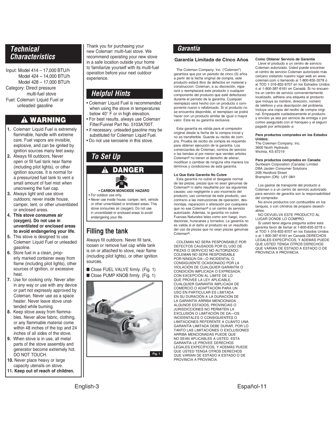 Coleman 424 ELECTRONIC IGNITION, 428 Technical Characteristics, Helpful Hints, To Set Up, Filling the tank, Garantía 