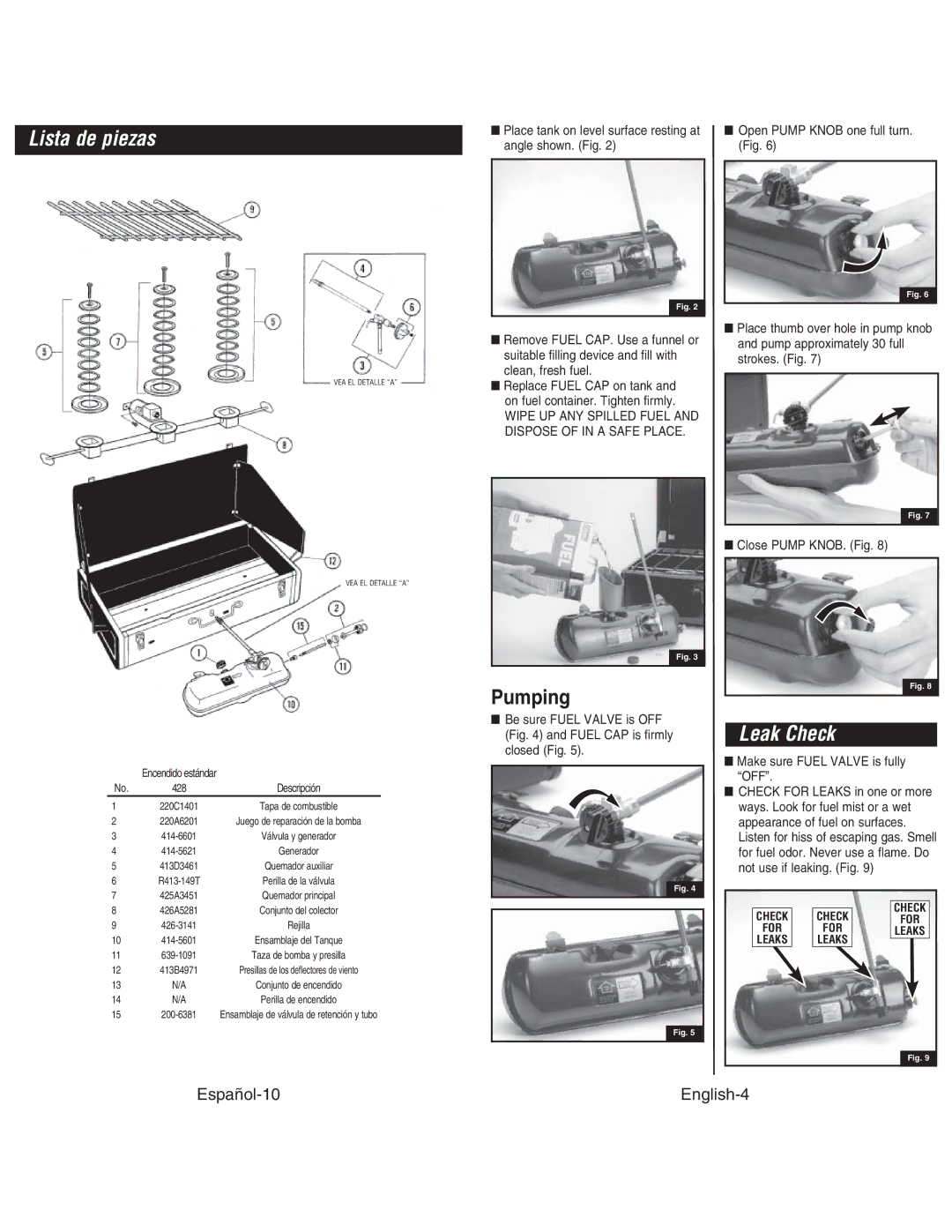 Coleman 424 ELECTRONIC IGNITION, 428, 414 ELECTRONIC IGNITION instruction manual Lista de piezas, Pumping 