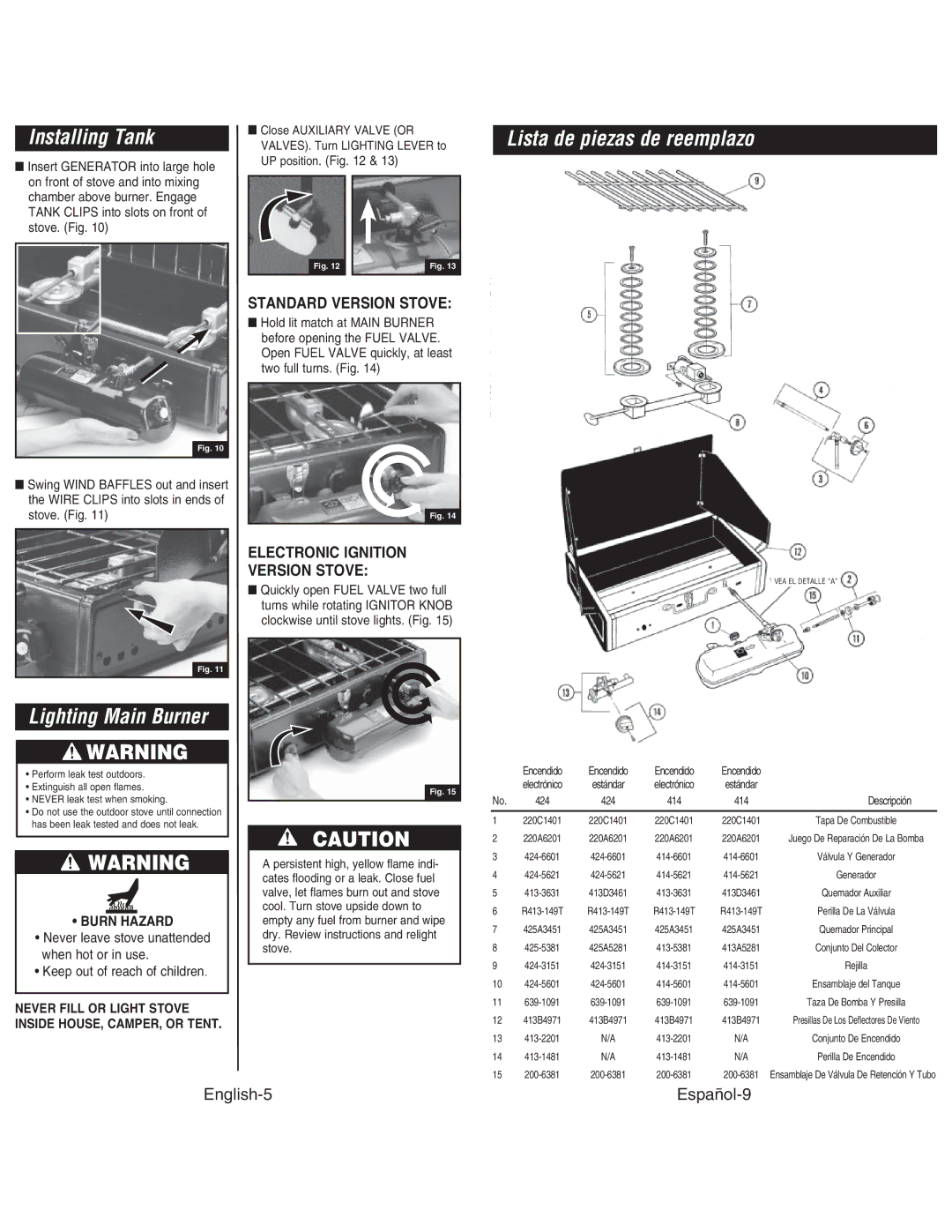 Coleman 428, 414, 424 Installing Tank, Lighting Main Burner, Lista de piezas de reemplazo, Standard Version Stove 