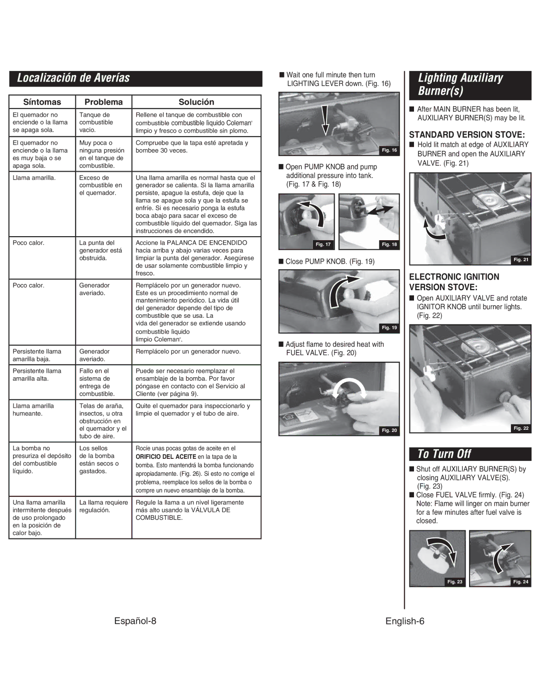 Coleman 414, 424 ELECTRONIC IGNITION, 428 instruction manual Localización de Averías, Lighting Auxiliary Burners, To Turn Off 