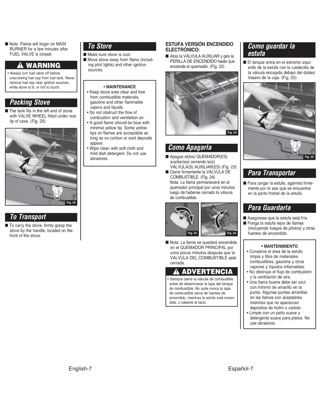 Coleman 414 ELECTRONIC IGNITION, 428, 424 Packing Stove, To Transport, To Store, Como Apagarla, Como guardar la estufa 