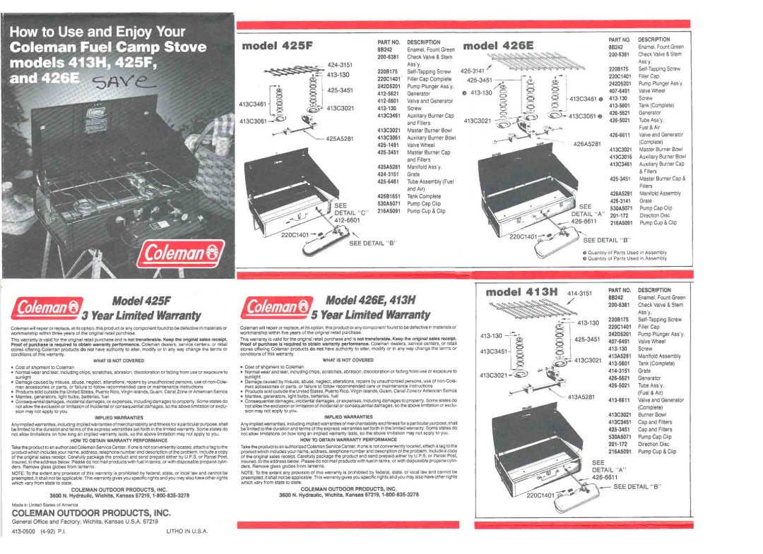 Coleman 426E, 425F, 413H manual 