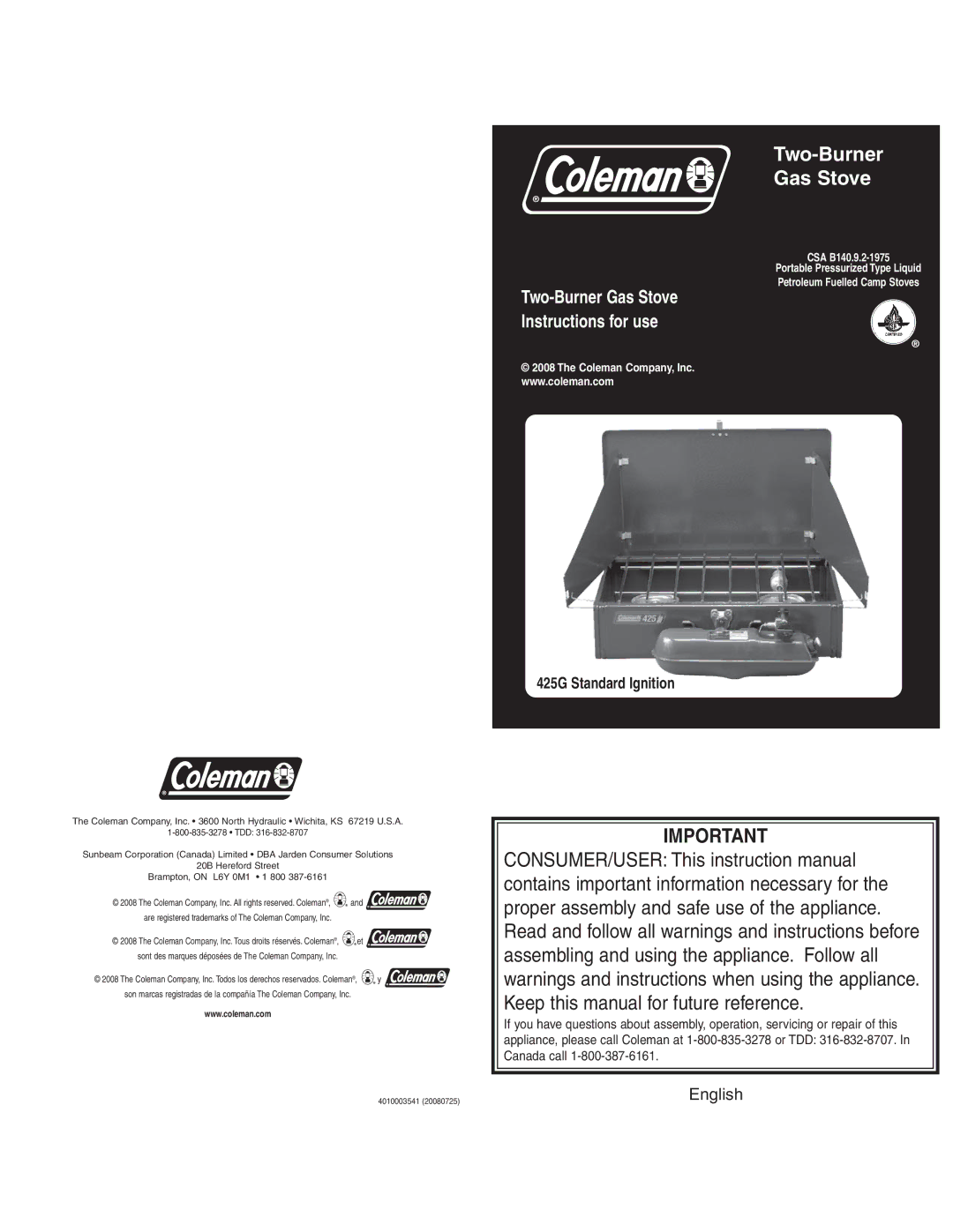 Coleman instruction manual Two-Burner Gas Stove, 425G Standard Ignition 