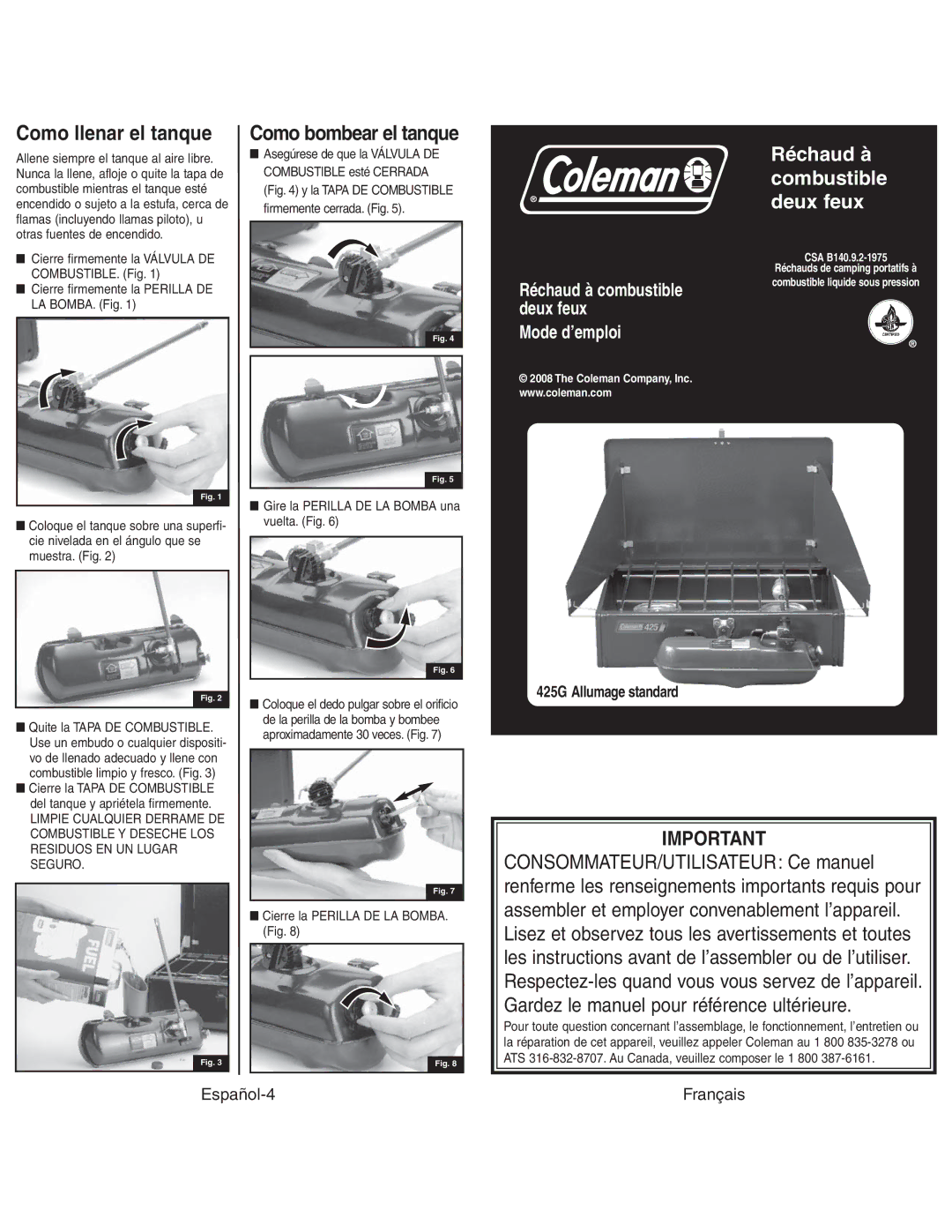 Coleman Como llenar el tanque, Como bombear el tanque, 425G Allumage standard, Cierre firmemente la Válvula DE 