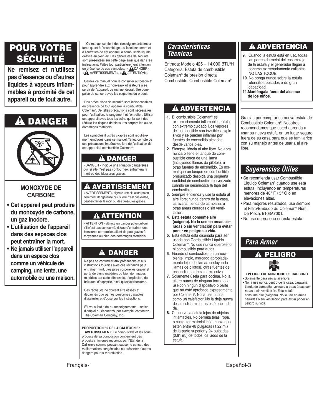 Coleman 425G instruction manual Avertissement, Características Técnicas, Sugerencias Útiles, Para Armar, Peligro 