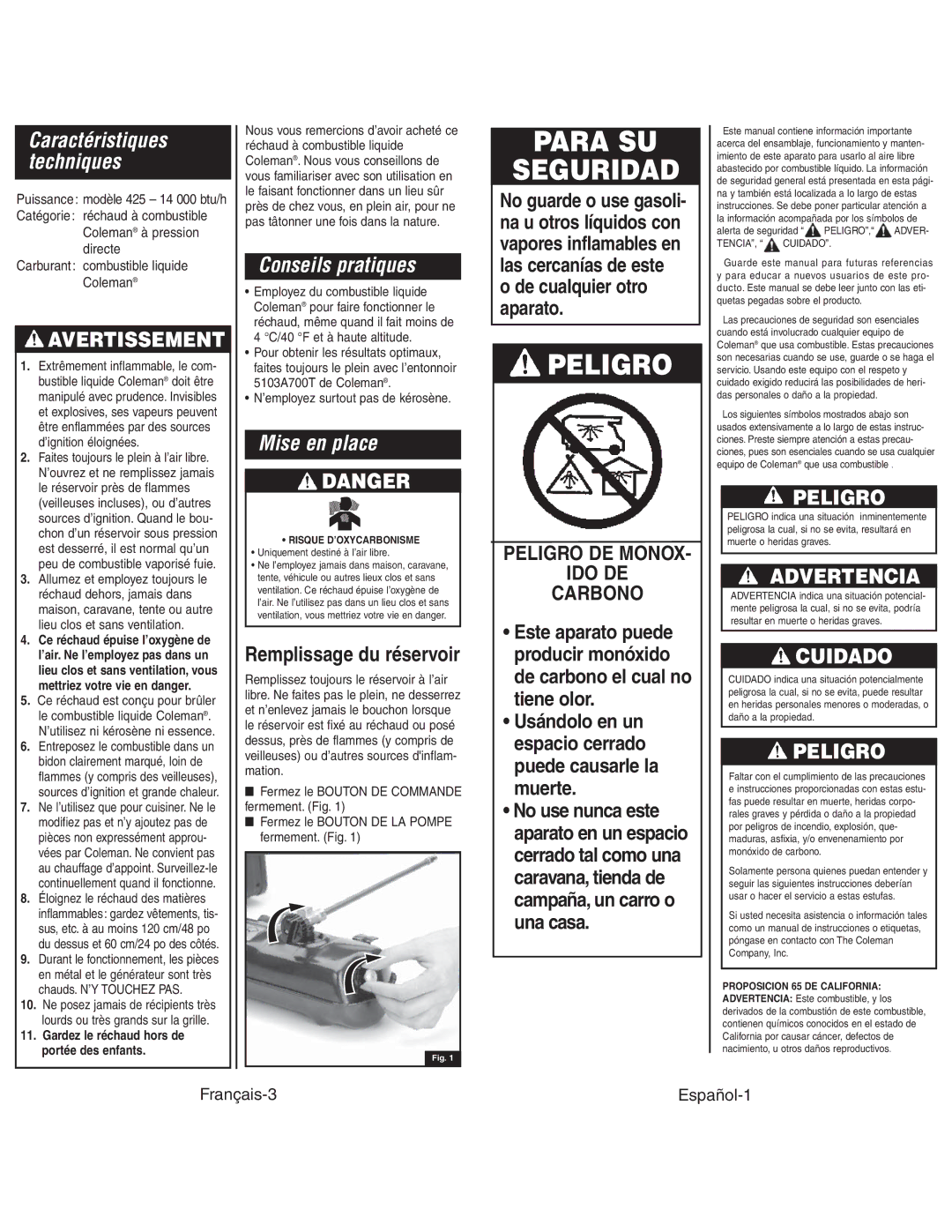 Coleman 425G Conseils pratiques, Mise en place, Caractéristiques techniques, Risque D’OXYCARBONISME, TENCIA, Cuidado 