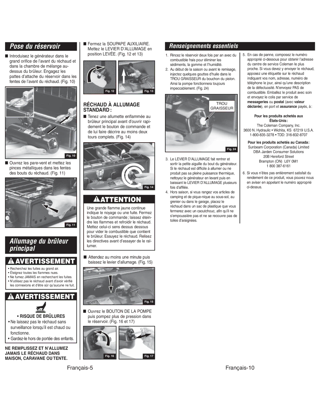 Coleman 425G instruction manual Pose du réservoir, Allumage du brûleur principal, Gardez-le hors de portée des enfants 