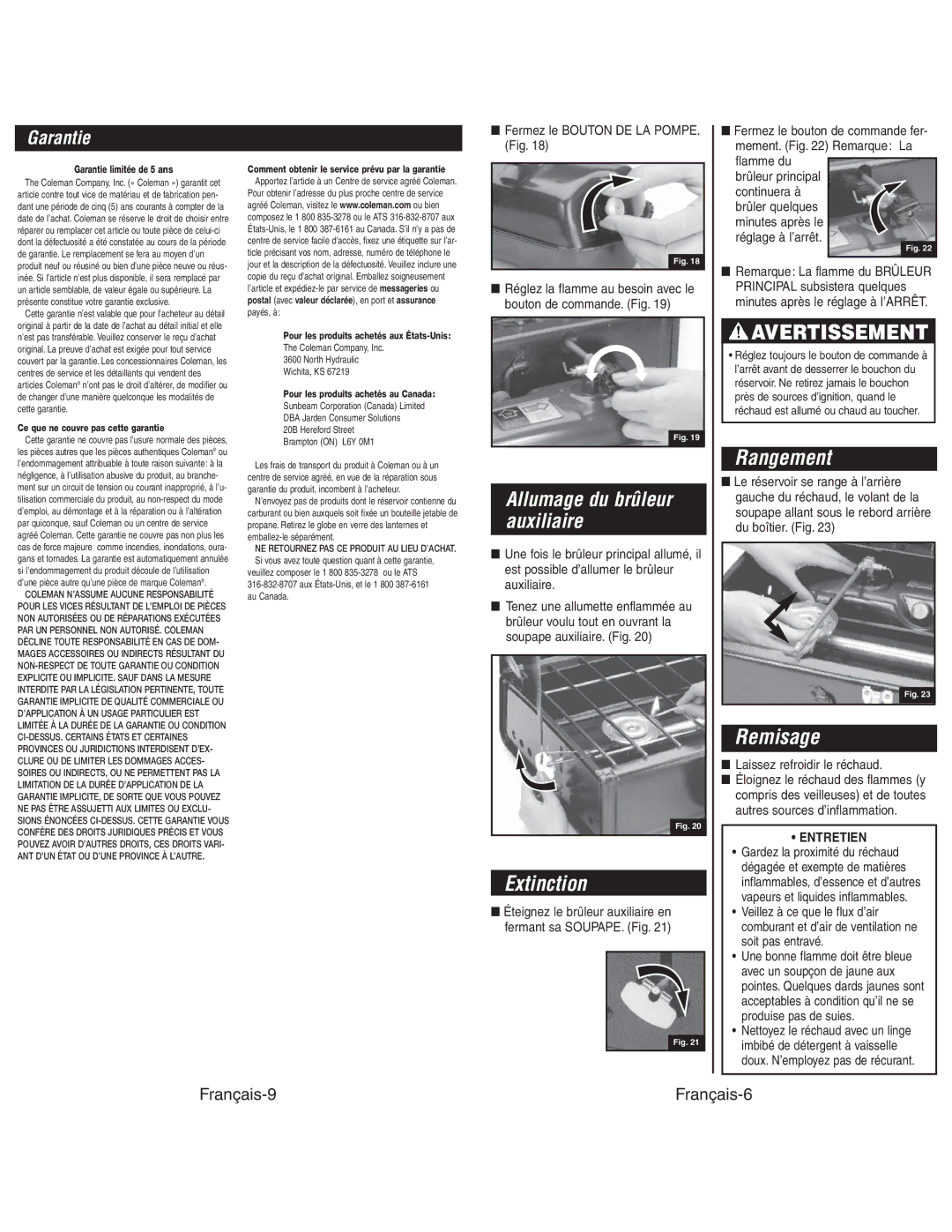 Coleman 425G instruction manual Extinction, Rangement, Remisage, Garantie, Entretien 