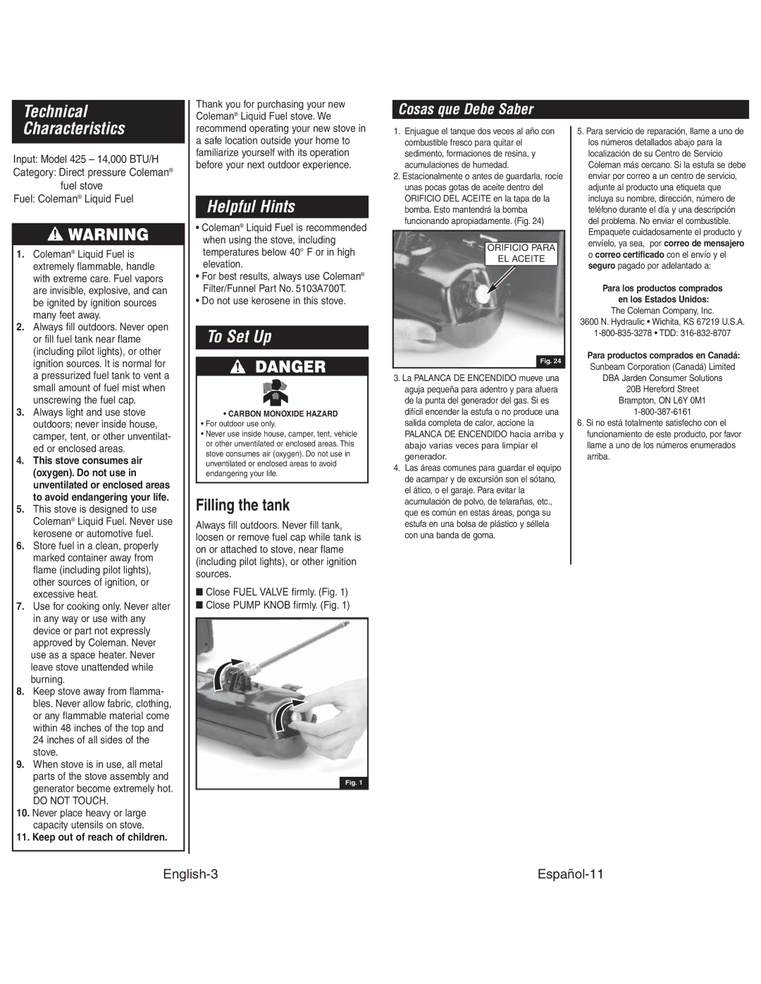 Coleman 425G instruction manual Technical Characteristics, Helpful Hints, To Set Up, Filling the tank, Cosas que Debe Saber 