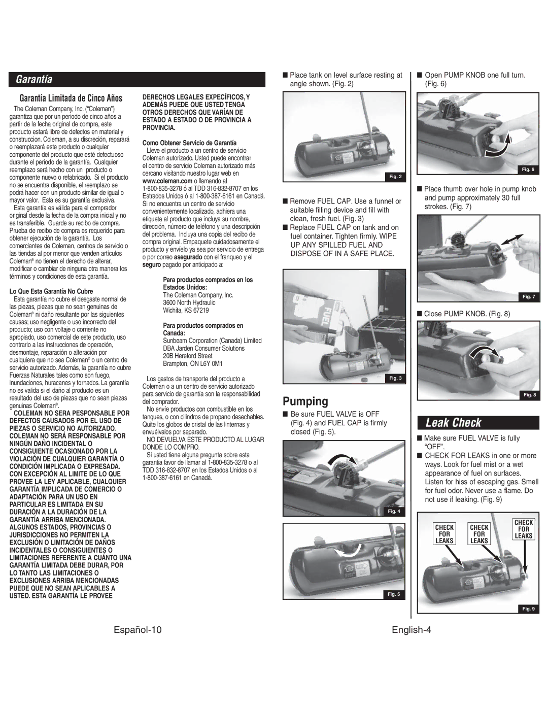 Coleman 425G Pumping, Garantía, No envíe productos con combustible en los, Sunbeam Corporation Canada Limited 