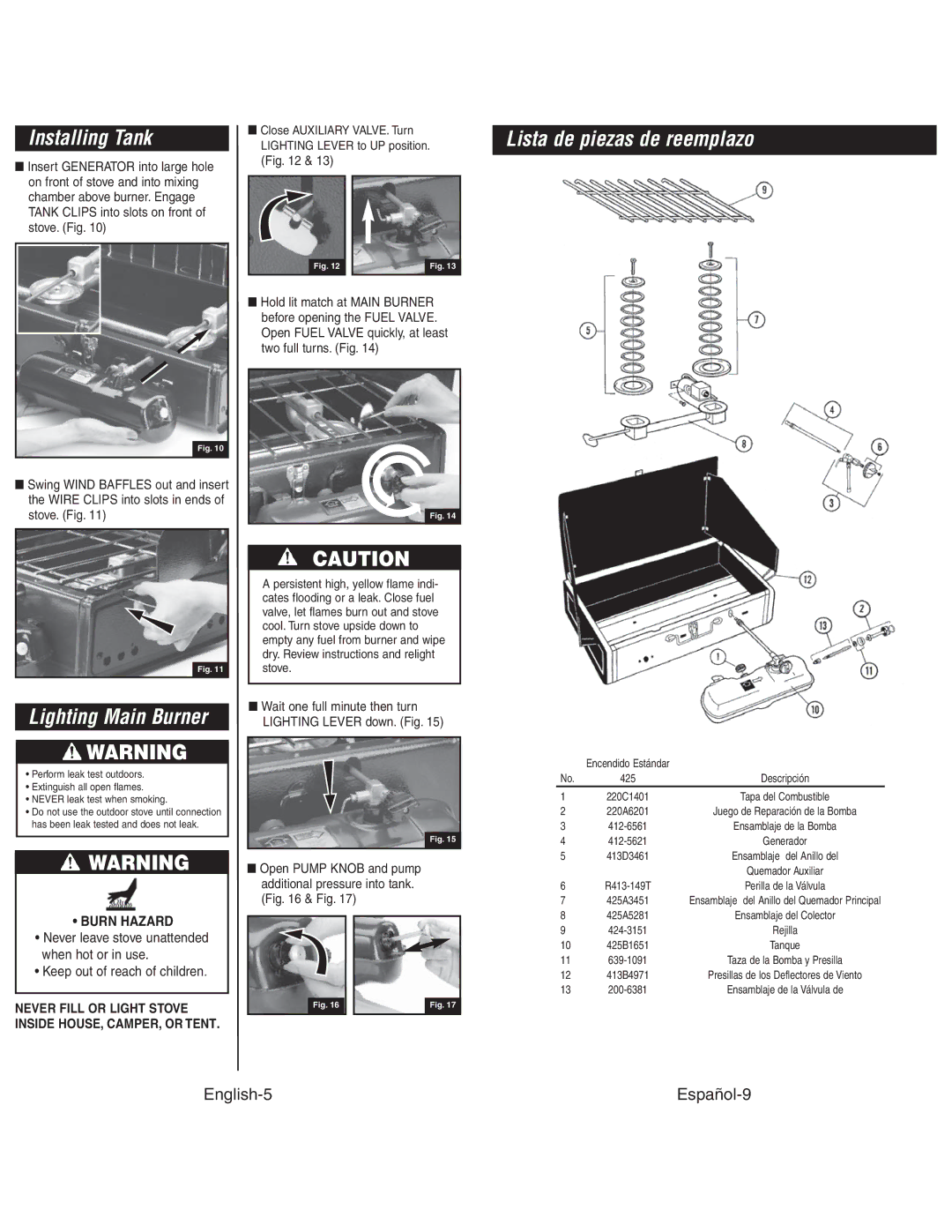 Coleman 425G instruction manual Installing Tank, Lighting Main Burner, Lista de piezas de reemplazo 