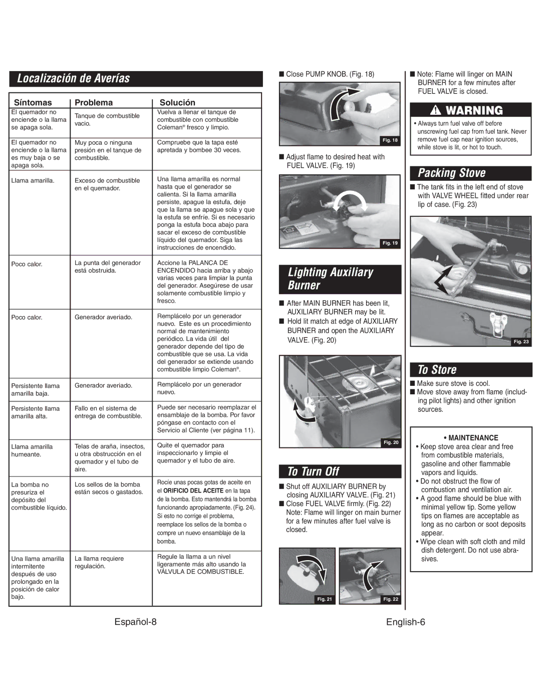 Coleman 425G instruction manual Localización de Averías, Lighting Auxiliary Burner, To Turn Off, Packing Stove, To Store 