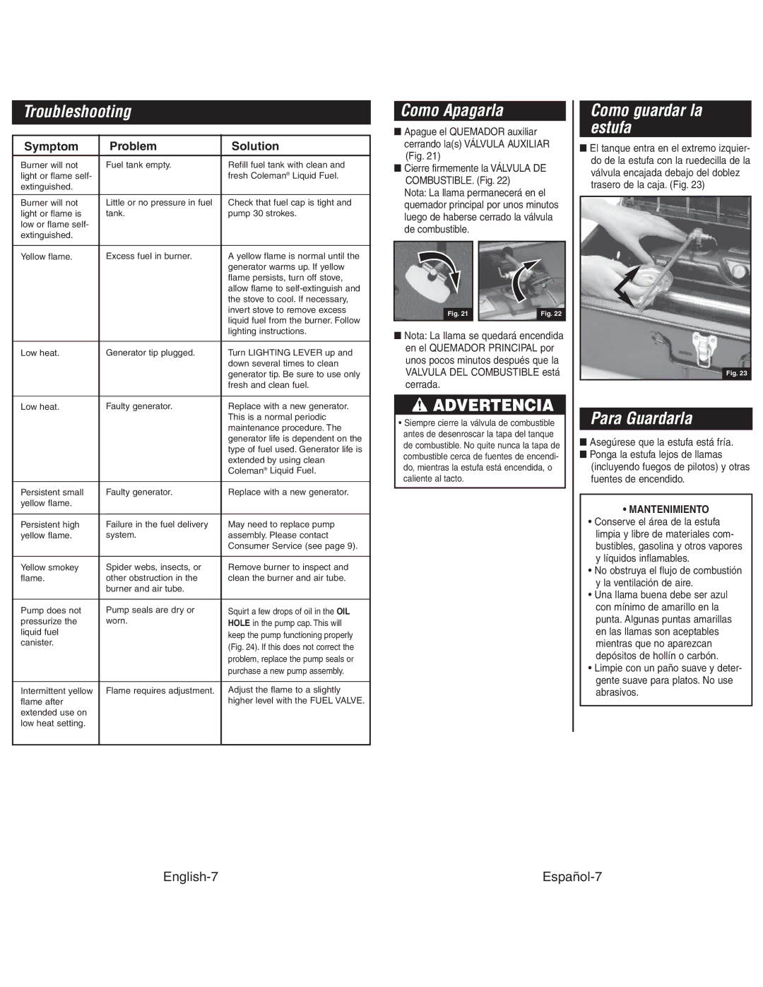 Coleman 425G instruction manual Troubleshooting, Como Apagarla, Advertencia, Como guardar la estufa, Para Guardarla 