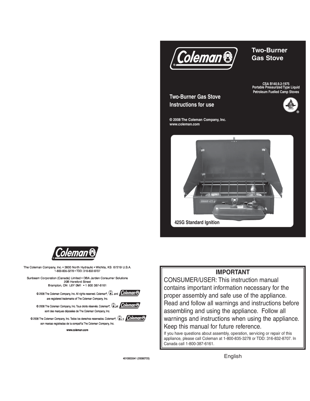 Coleman instruction manual Two-Burner Gas Stove Instructions for use, English, 425G Standard Ignition 