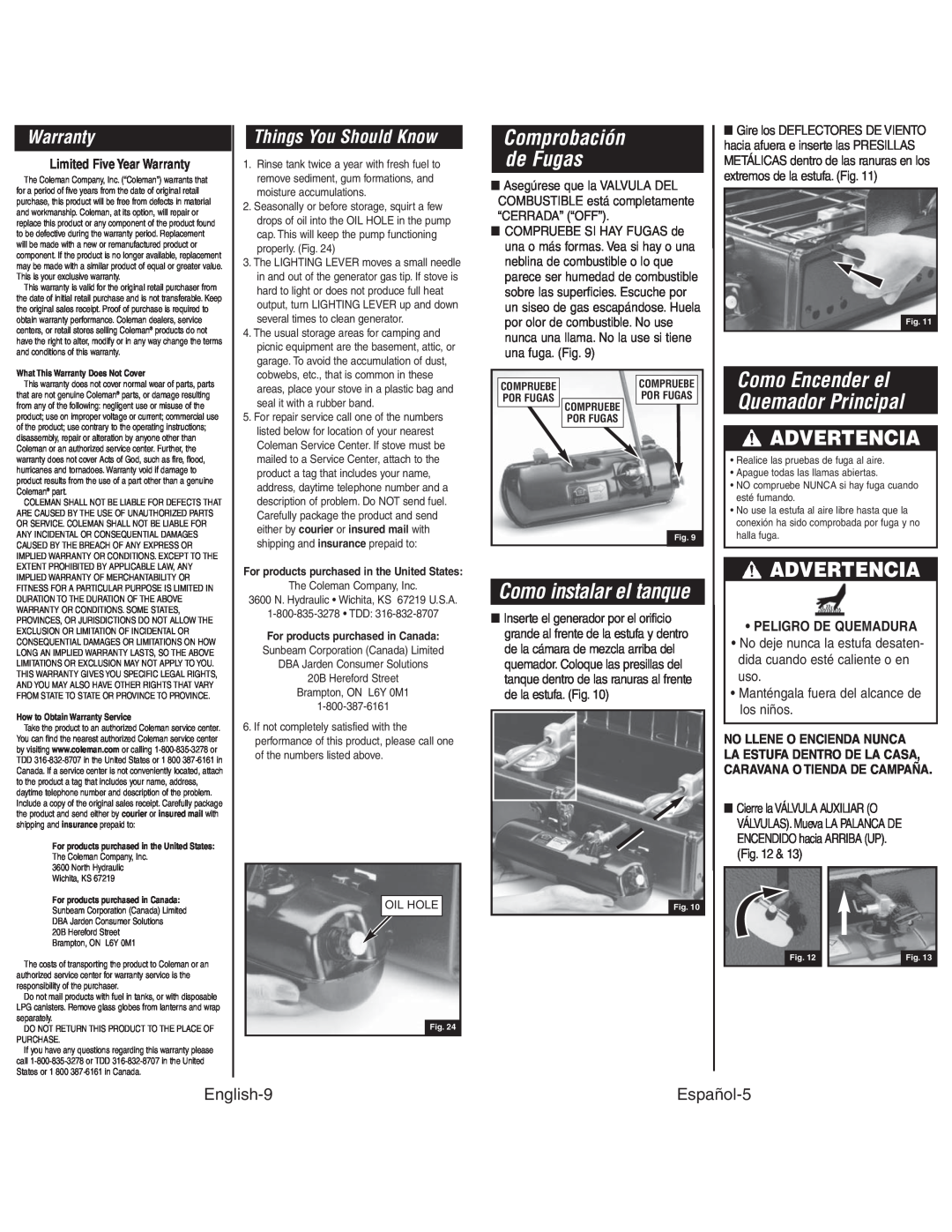 Coleman 425G Como instalar el tanque, Warranty, Things You Should Know, Comprobación de Fugas, English-9, Español-5 