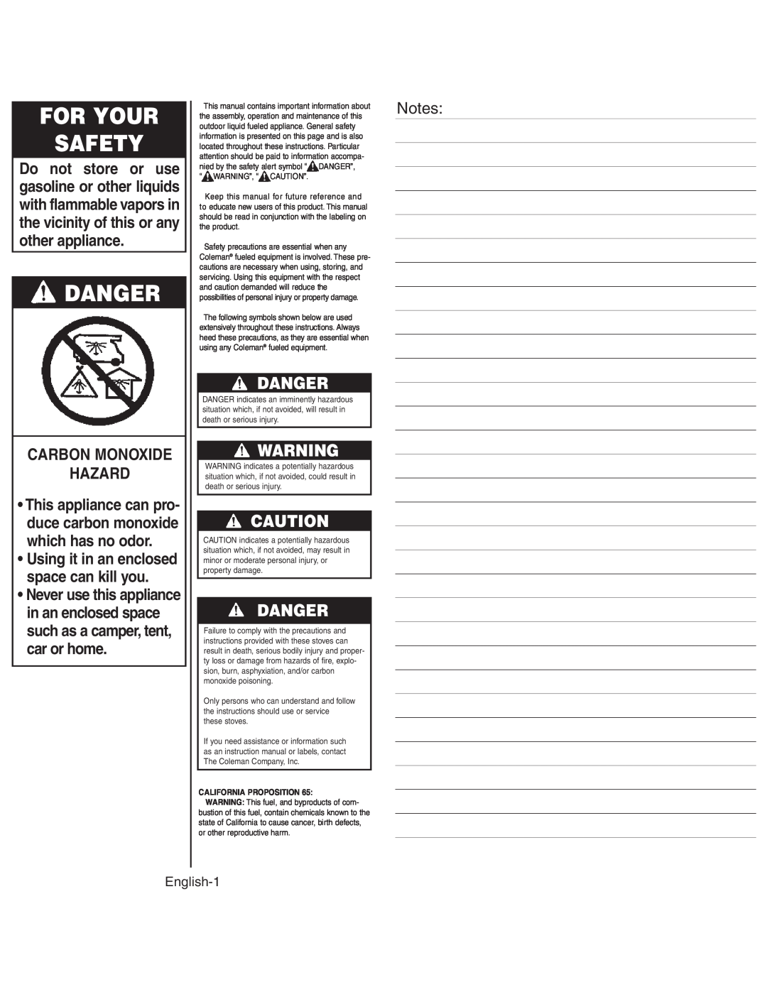 Coleman 425G instruction manual For Your Safety, Danger, Carbon Monoxide Hazard, English-1, California Proposition 