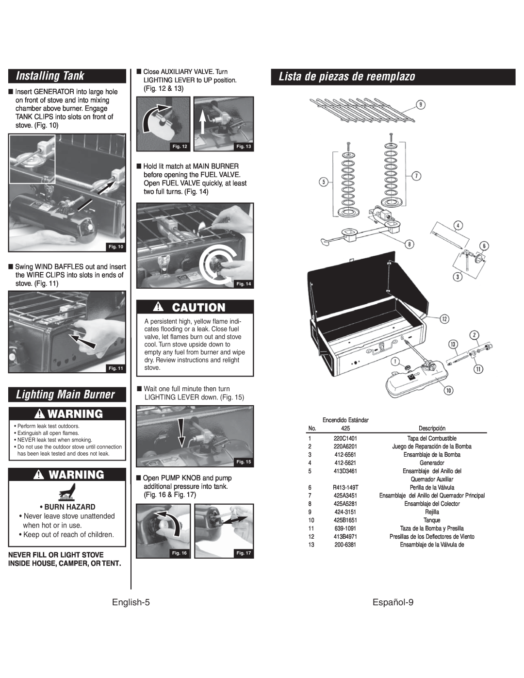 Coleman 425G instruction manual Installing Tank, Lighting Main Burner, Lista de piezas de reemplazo, English-5, Español-9 