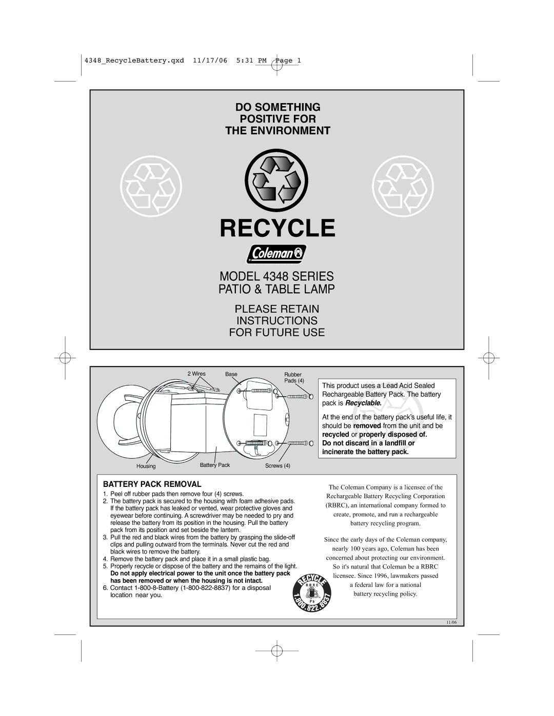 Coleman manual Recycle, Model 4348 Series Patio & Table Lamp, Please Retain Instructions for Future USE 