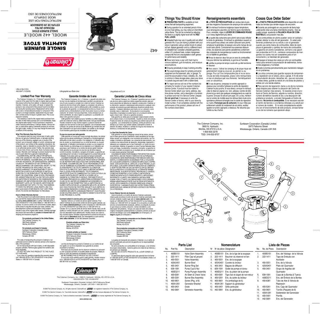 Coleman 442 warranty Renseignements essentiels, Cosas Que Debe Saber 