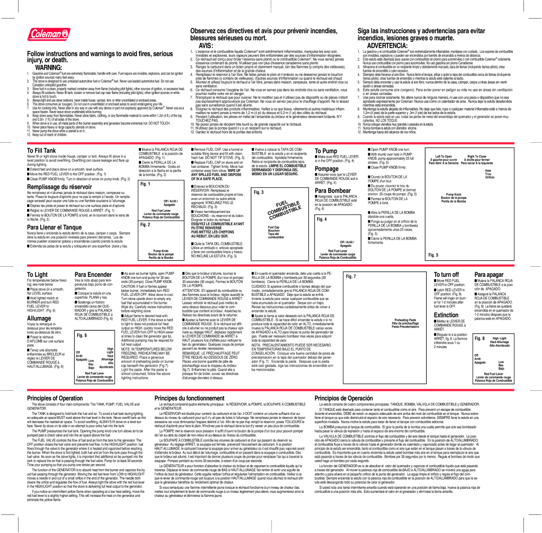 Coleman 442 To Fill Tank, Remplissage du réservoir, Para Llenar el Tanque, To Pump, Pompage, Para Bombear, To Light 