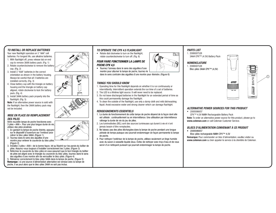 Coleman To Install or Replace Batteries, Mise EN Place OU Remplacement DES Piles, To Operate the CPX 4.5 Flashlight 