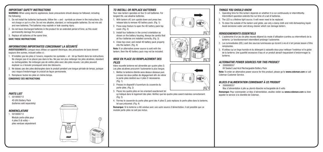 Coleman 4D 6 CLT LED Important Safety Instructions, Renseignements Essentiels, Mise EN Place OU Remplacement DES Piles 