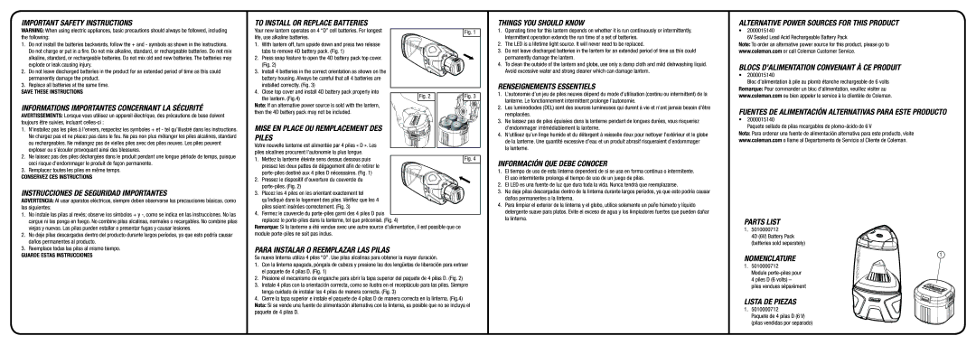 Coleman 4D CPX 6 1000 LUMEN warranty Important Safety Instructions, Instrucciones DE Seguridad Importantes 