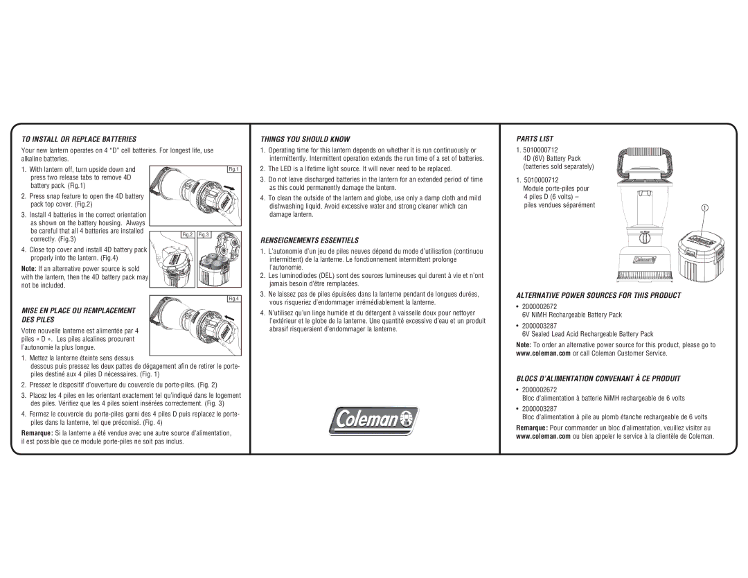 Coleman 4D XPS warranty To Install or Replace Batteries, Things YOU should Know, Parts List, Renseignements Essentiels 