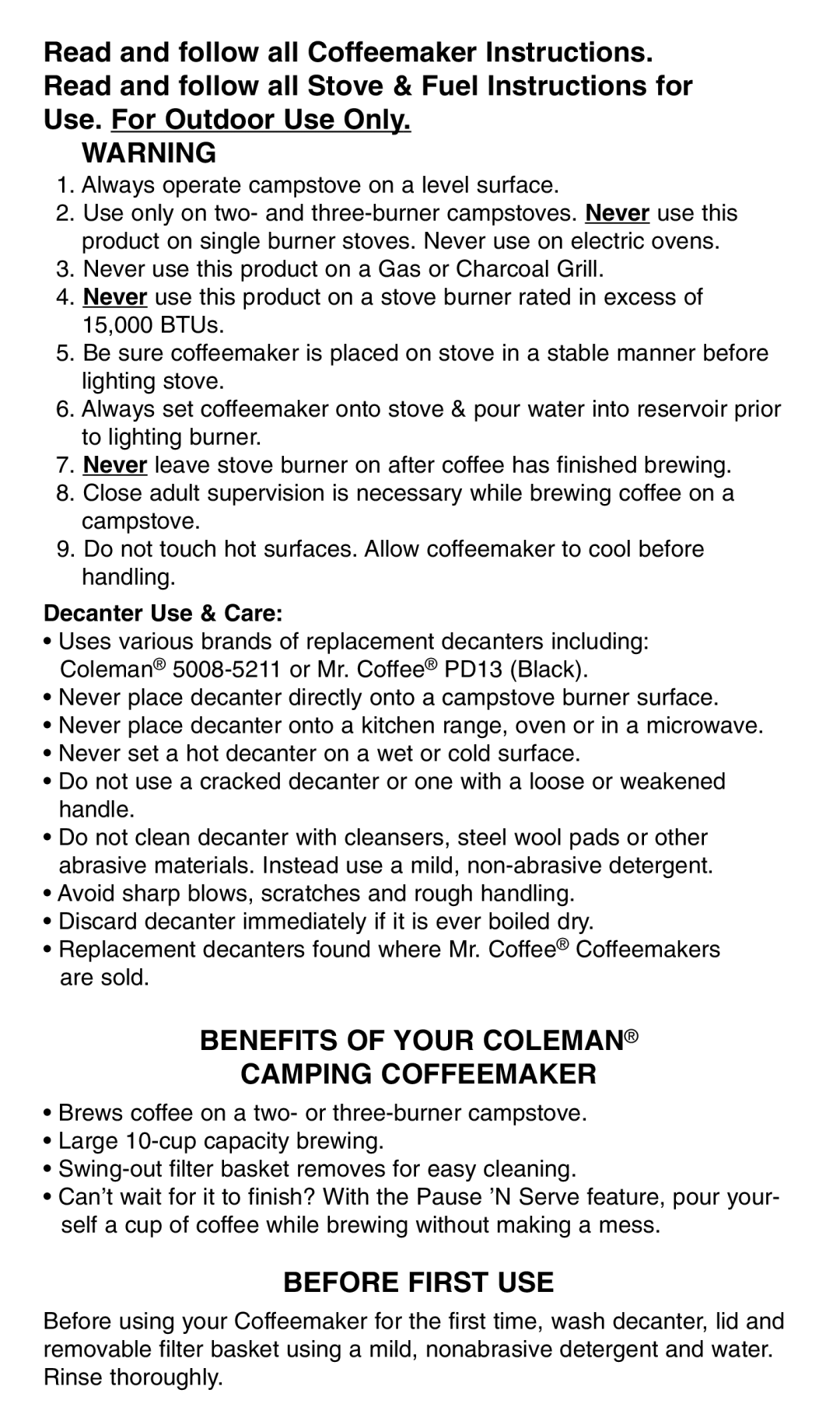 Coleman 5008-700 manual Benefits Of Your Coleman Camping Coffeemaker, Before First Use, Decanter Use & Care 