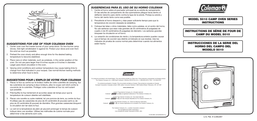 Coleman 5010 manual Suggestions for use of your CoLeman Oven, Suggestions pour LemploI de votre Four Coleman 