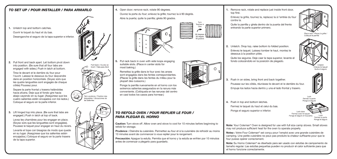 Coleman 5010 manual To Set Up / Pour InstaLLer / Para ArmaRLo, To Refold Oven / Pour REpLIer Le Four / Para PLegar EL Horno 