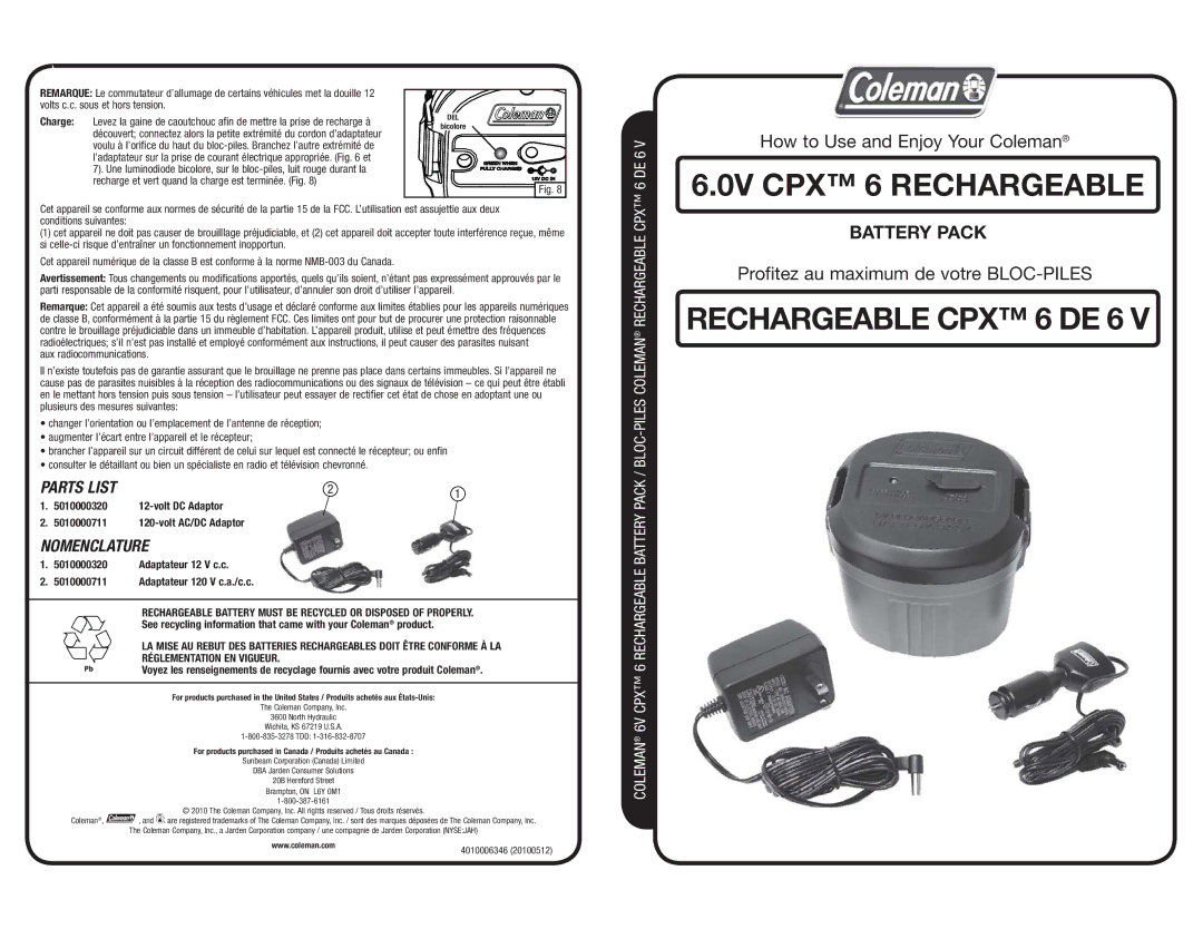 Coleman 5010000320, 5010000711 manual 0V CPX 6 Rechargeable, Rechargeable CPX 6 DE 6, Parts List, Nomenclature 