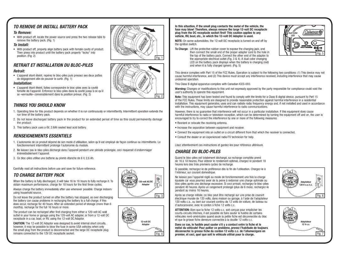 Coleman 5010000711, 5010000320 manual To Remove or Install Battery Pack, Things YOU should Know, Renseignements Essentiels 