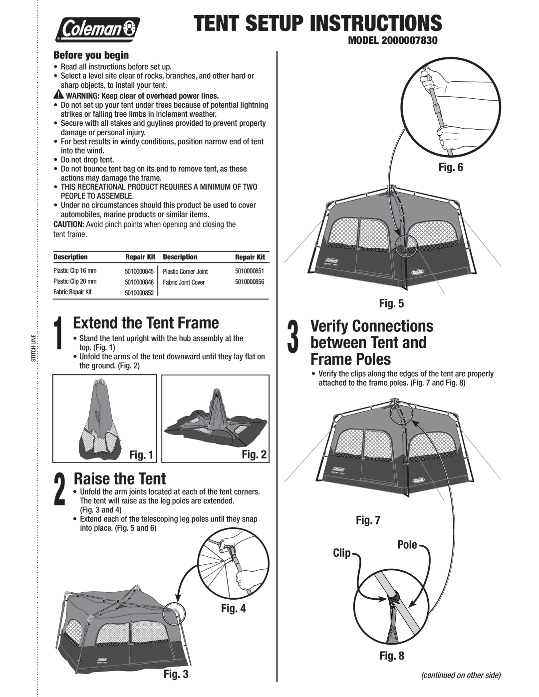 Coleman 5010000851 manual Verify Connections, Between Tent, Frame Poles, Raise the Tent, Model Before you begin 