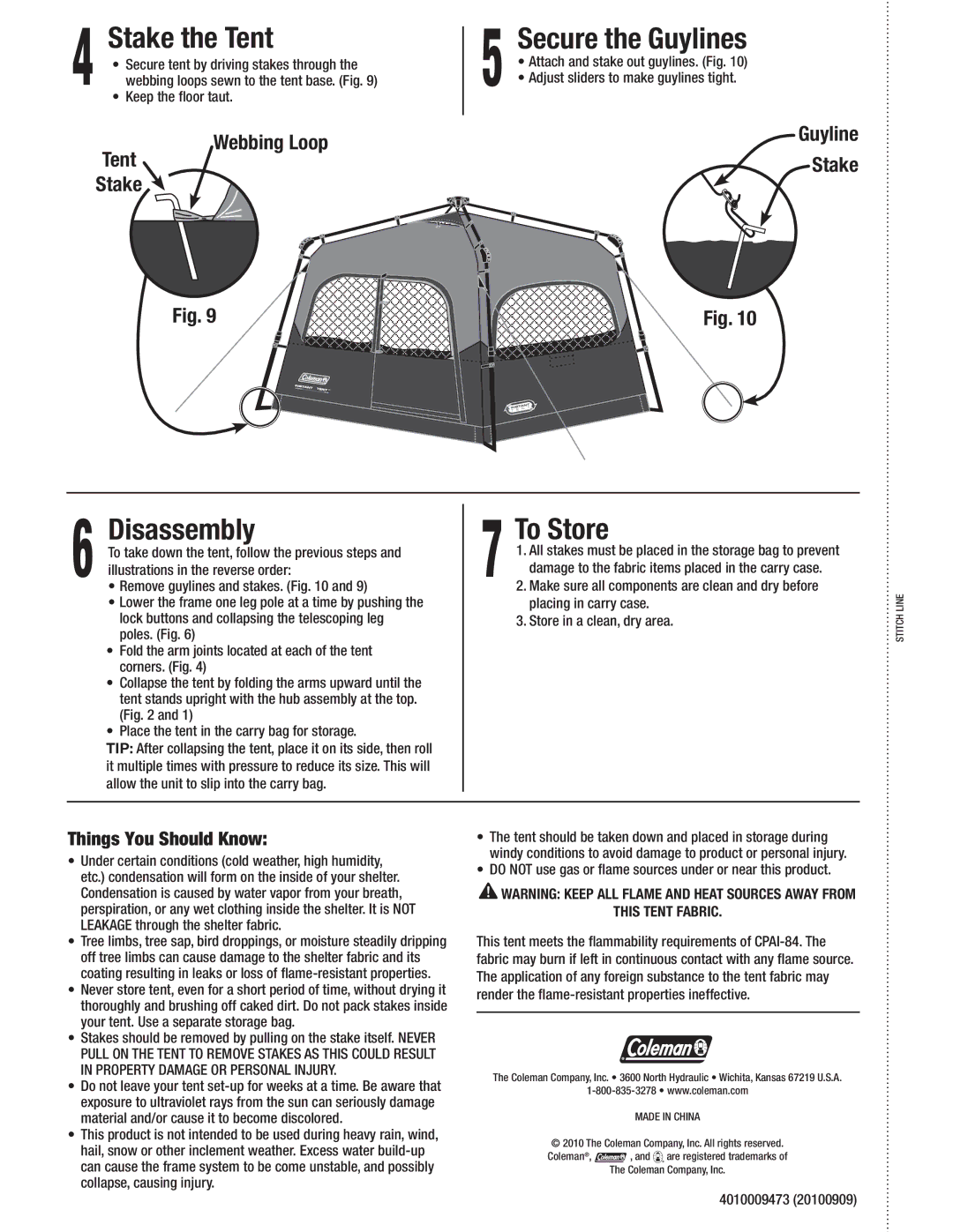 Coleman 5010000852, 5010000846 manual Stake the Tent, Secure the Guylines, Disassembly, To Store, Things You Should Know 