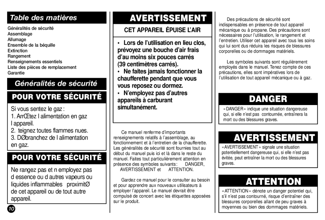 Coleman 5029 manual Avertissement, Table des matières, Généralités de sécurité 