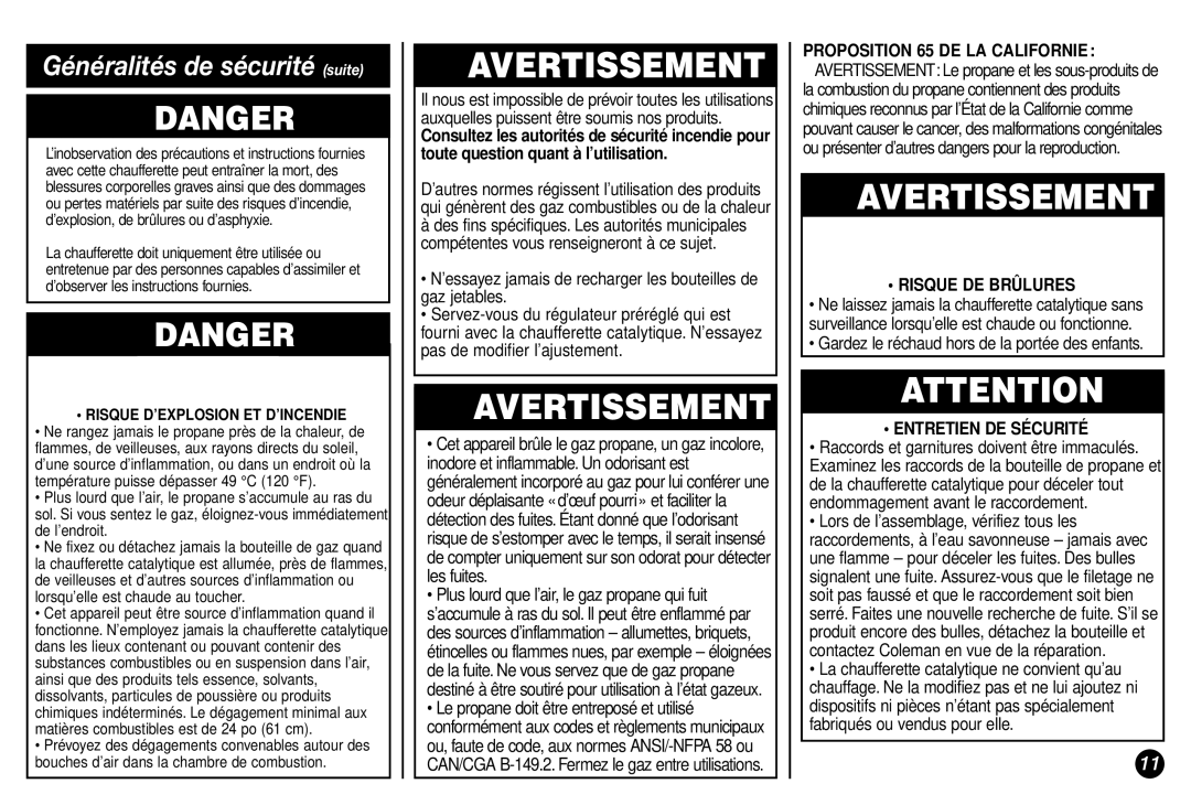 Coleman 5029 manual Généralités de sécurité suite, Risque D’EXPLOSION ET D’INCENDIE 