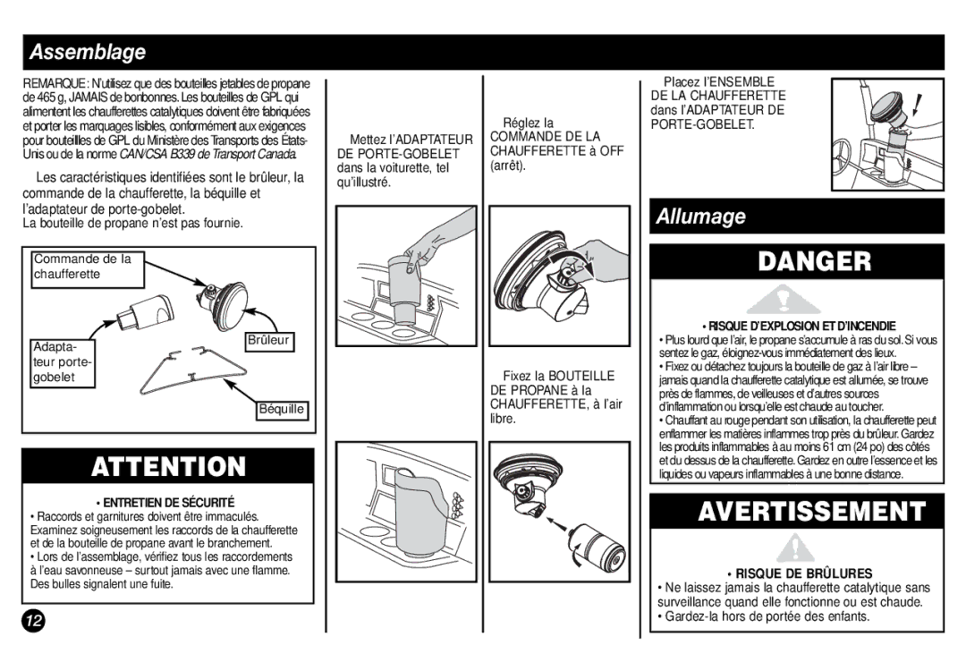 Coleman 5029 manual Assemblage, Allumage, Entretien DE Sécurité, Risque DE Brûlures, Gardez-la hors de portée des enfants 