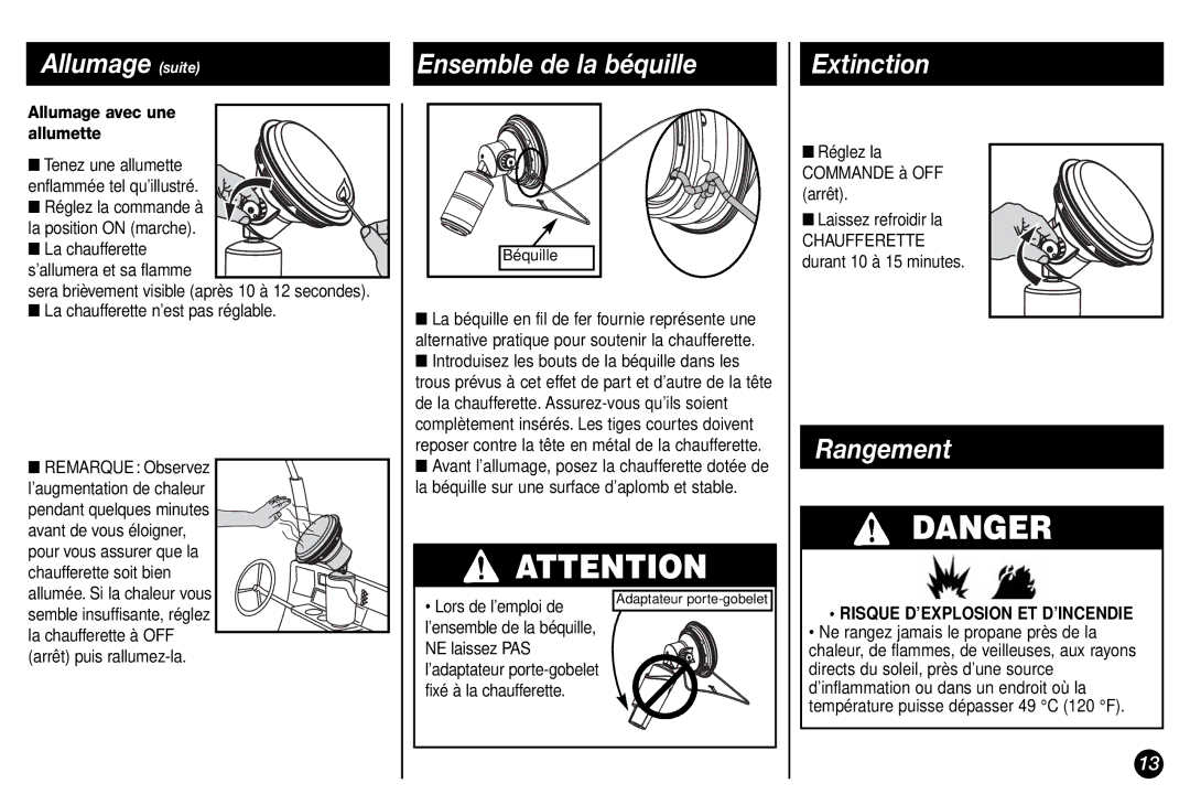 Coleman 5029 manual Allumage suite, Ensemble de la béquille, Extinction, Rangement, Allumage avec une allumette 