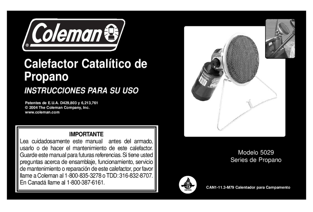 Coleman 5029 manual Calefactor Catalítico de Propano 